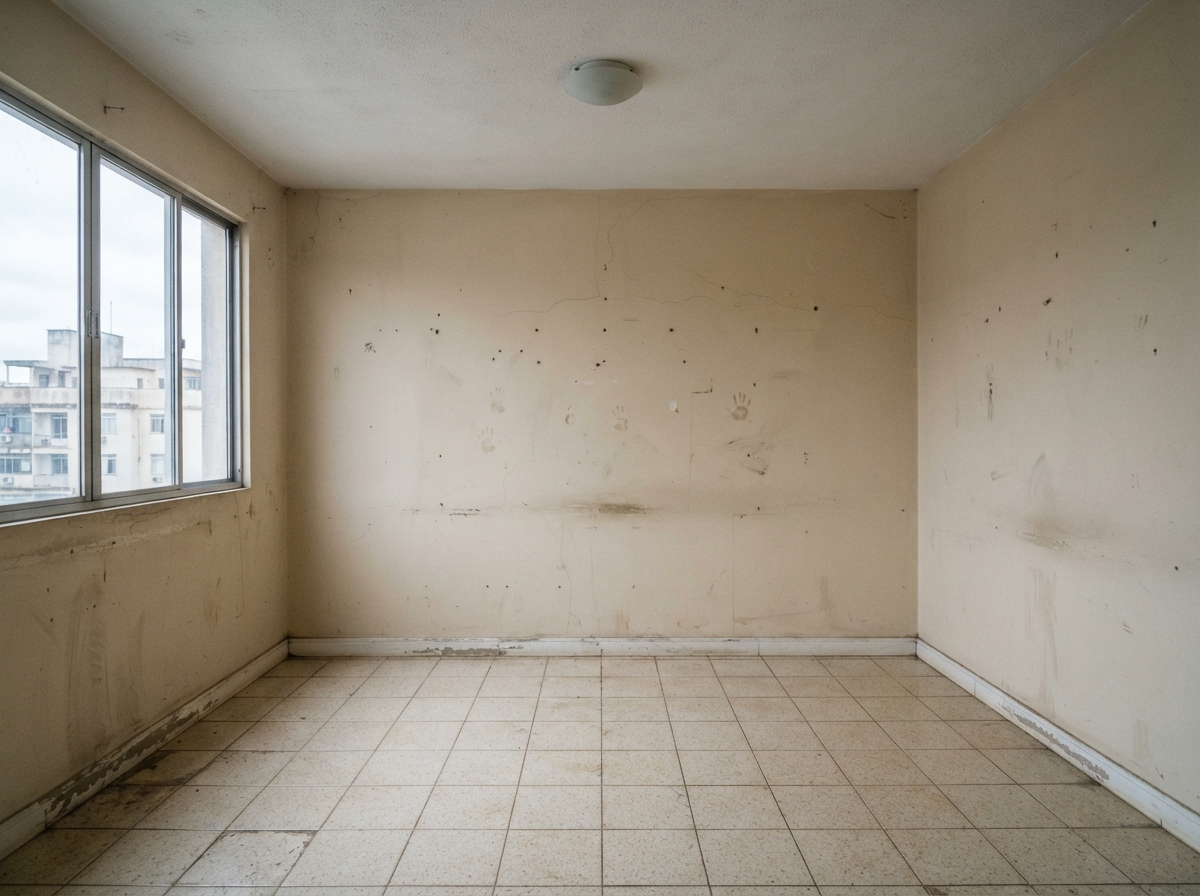 Empty stained room with tiled floor, damaged walls, ceiling light, and a large window overlooking an apartment building.