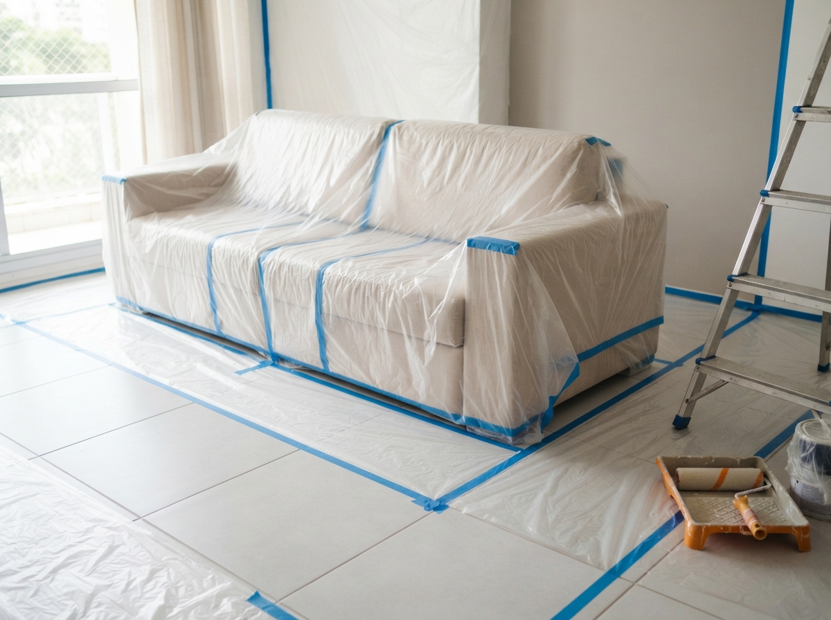 Sofa covered in plastic and blue tape in a room prepared for painting, with a ladder and paint tray nearby.