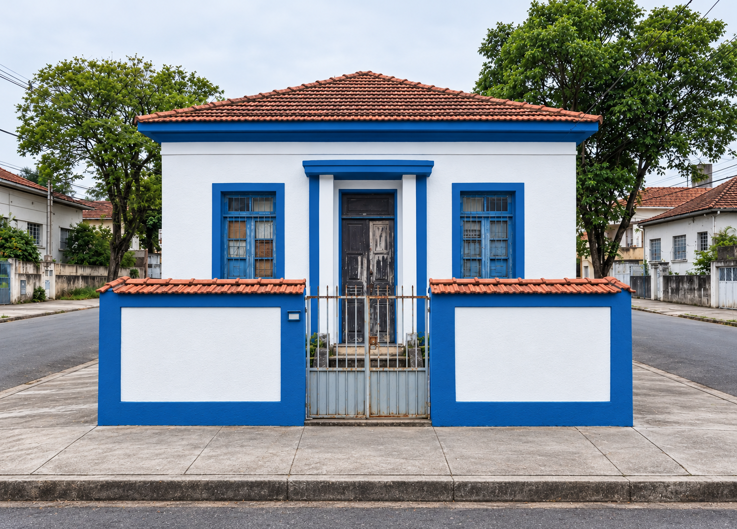 Symmetrical white house with blue trim, terracotta roof, barred windows, gated door, and low front walls.