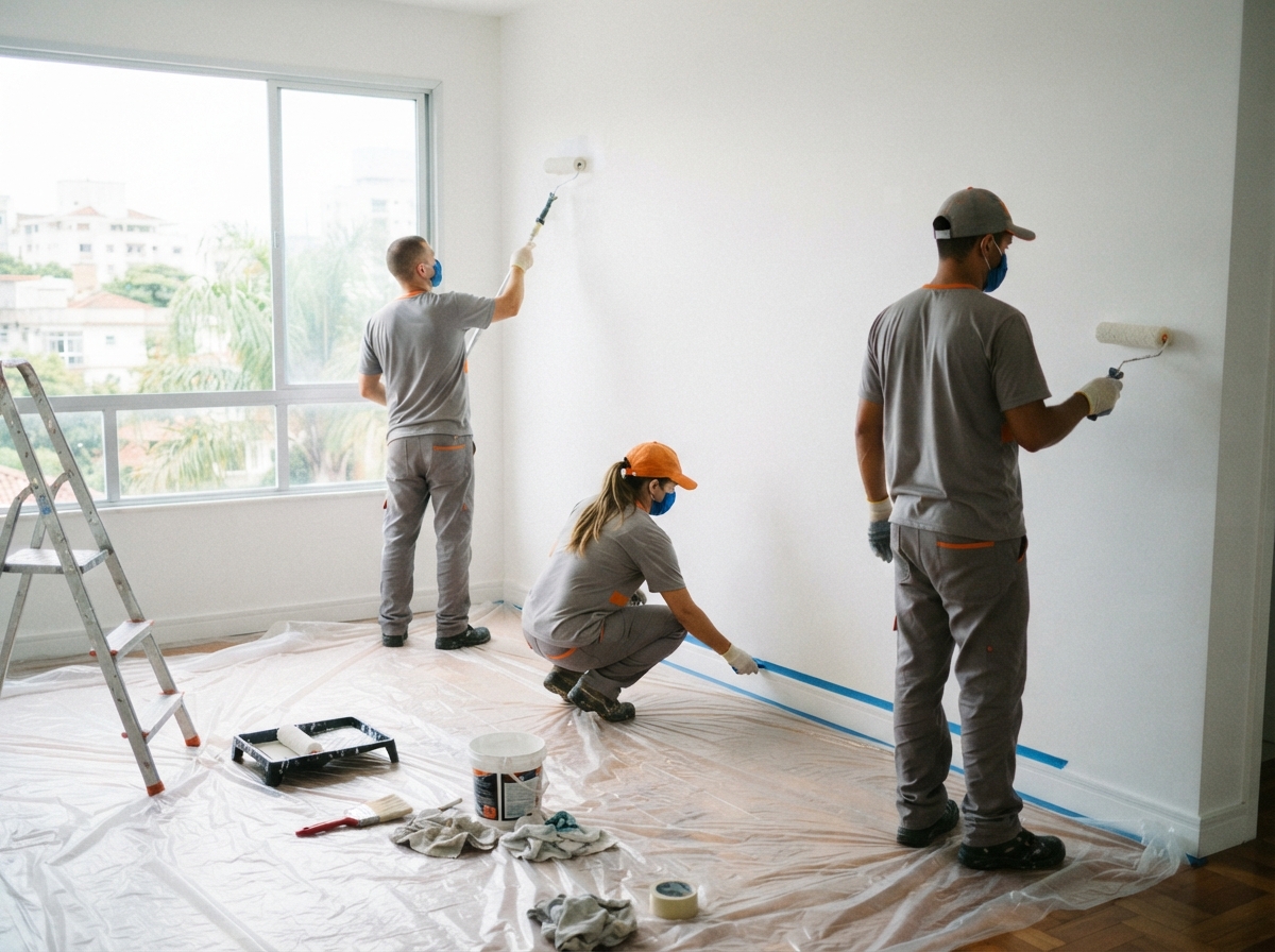 Three masked painters apply white paint and blue tape in a plastic-covered room.