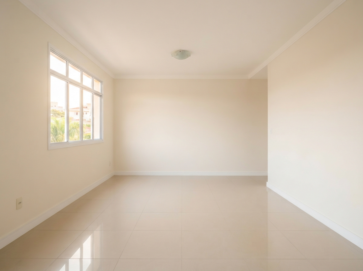 Empty cream-colored room with glossy tiled floors, a large window, and bright natural light.