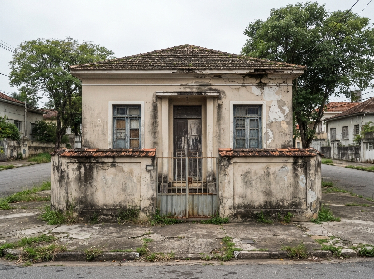 Weathered stucco house with barred windows, a rusted entry gate, cracked pavement, and tiled roofs.
